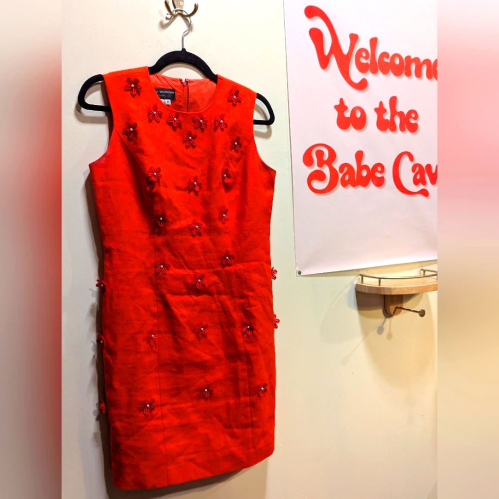 Vintage Donna Morgan Red Linen Dress With Floral Embellishments Petites Size 6